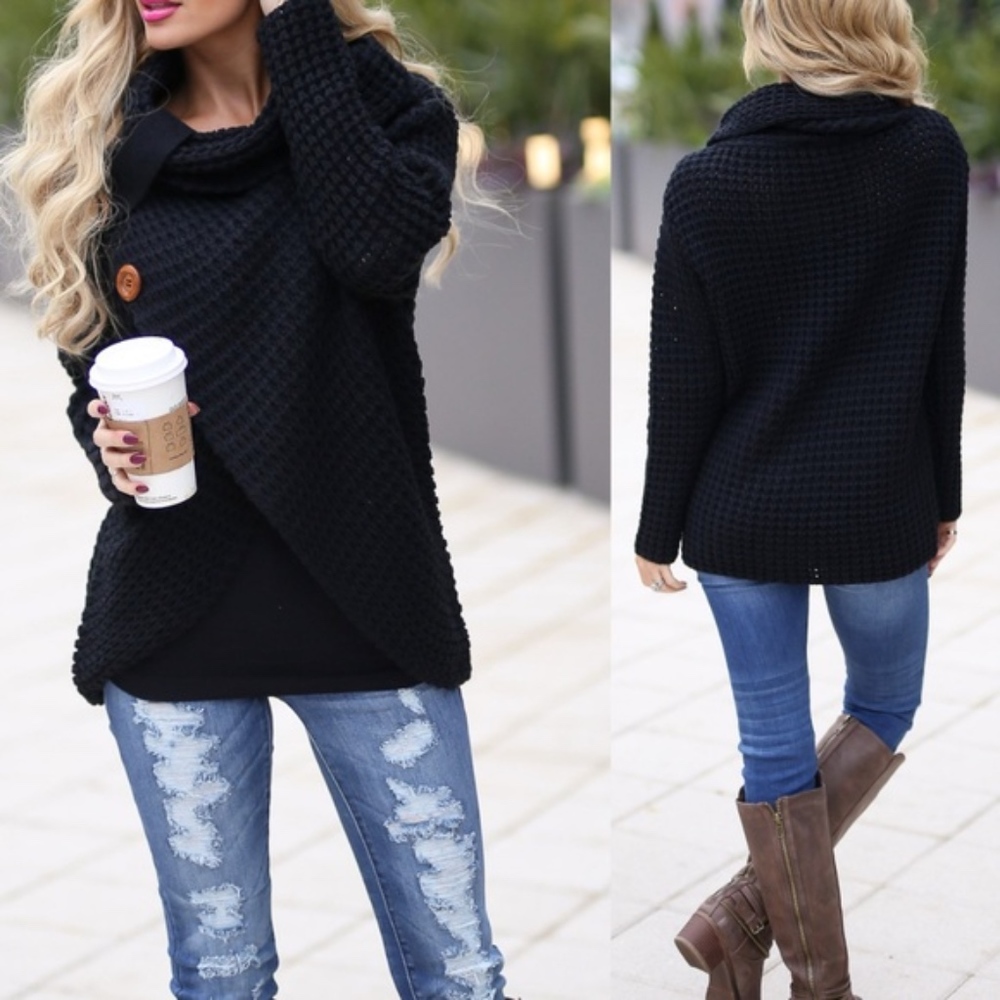Button Cowl Neck Sweater